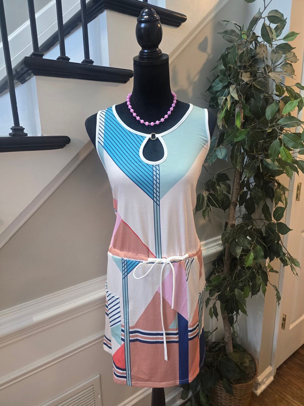 Saukole Mini Dress Women 2XL Multicolor Geometric Drawstring Waist Keyhole Neck